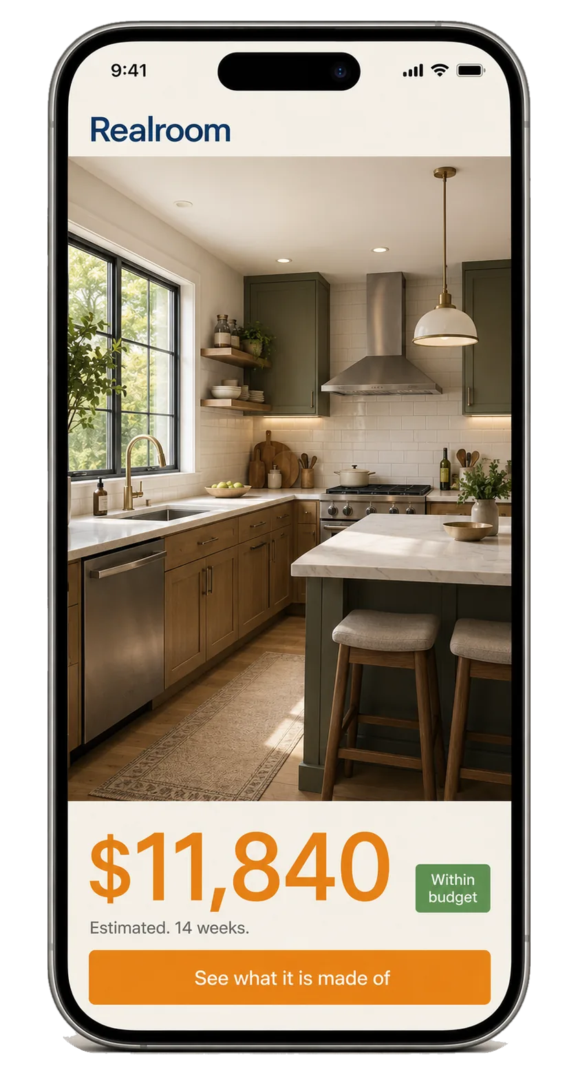 A redesigned kitchen with the estimated cost and timeline underneath