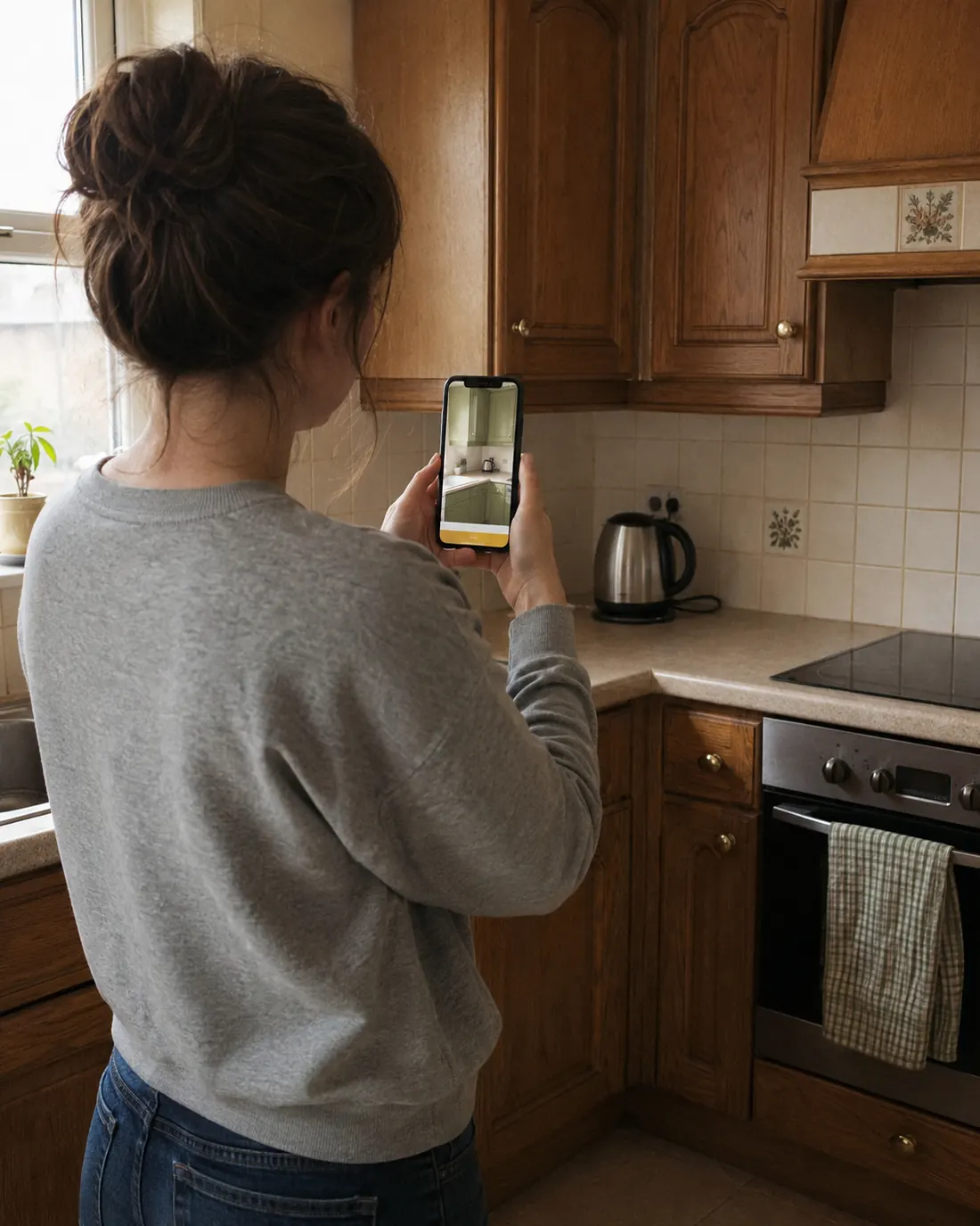 A woman photographing her dated kitchen, the phone showing the same room redesigned