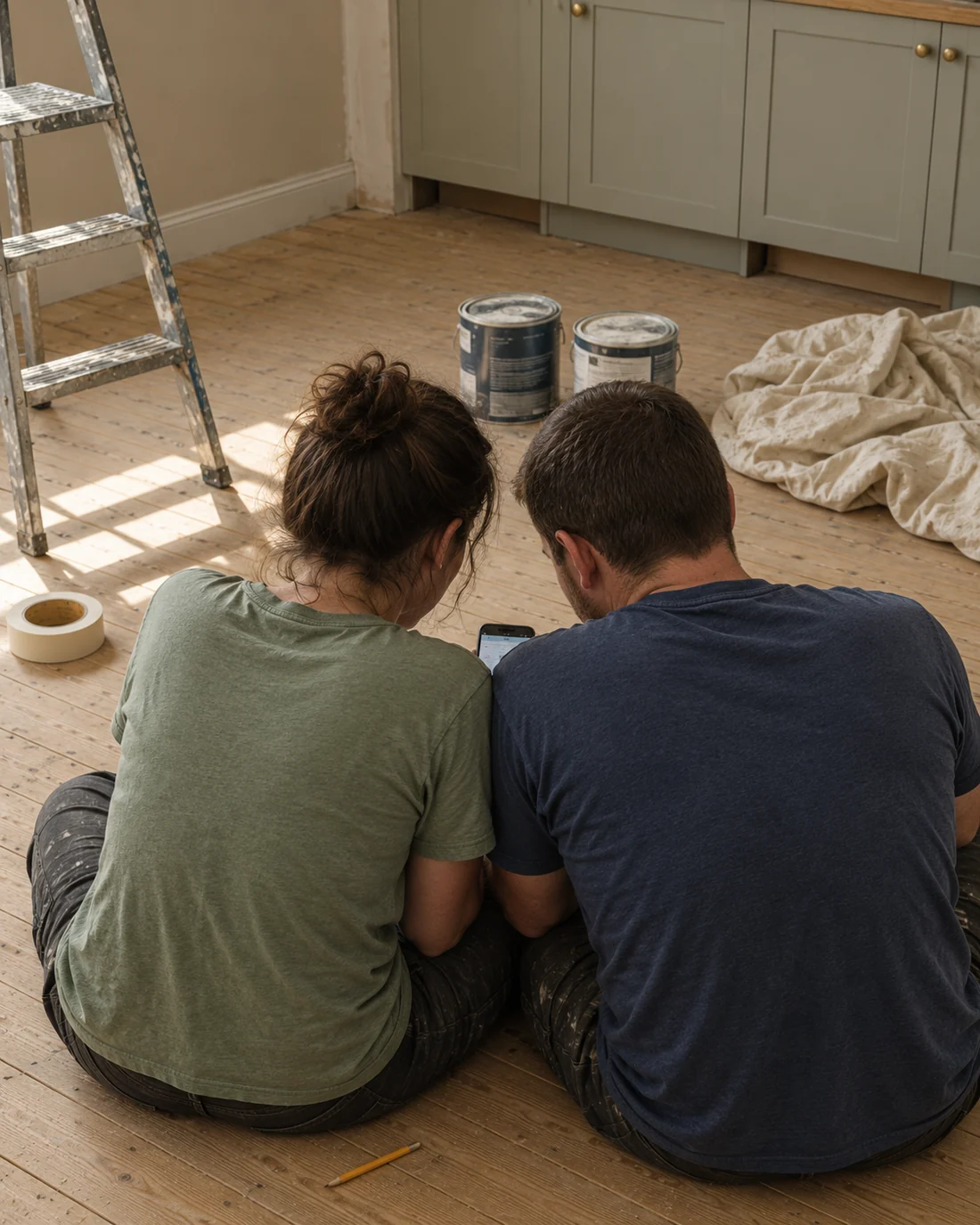 Two people sitting on the floor of a half-finished kitchen, looking at a phone