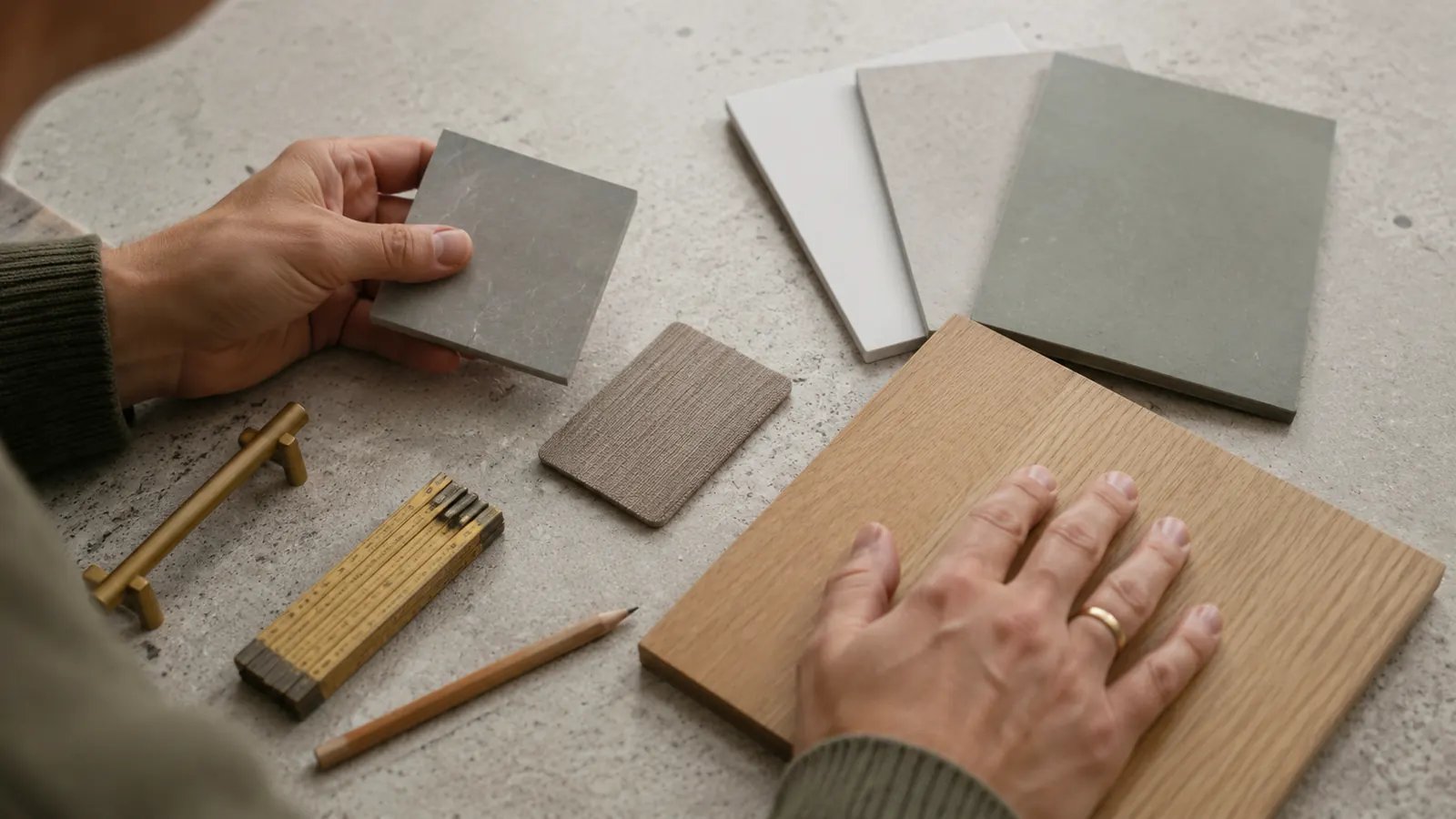 Material samples and a folding rule on a worktop