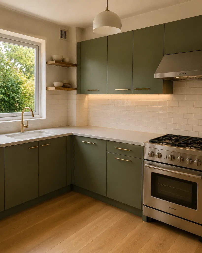 A renovated kitchen with sage green cabinets, a quartz worktop and oak flooring
